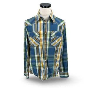 True Religion Mens XL Plaid Western Snap Button Shirt Blue Yellow Horseshoe XL